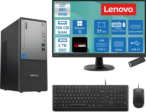 Lenovo Thinkcentre Neo 50T Gen 5  Intel® Core™ İ7-14700 128GB Ddr5 2tb SSD 4GB/RX550 WIN11PRO +27" Monitör Mini Tower Masaüstü Bilgisayar 2712UD001UTR27P39+ZETTAUSBBELLEK ürün görseli 1