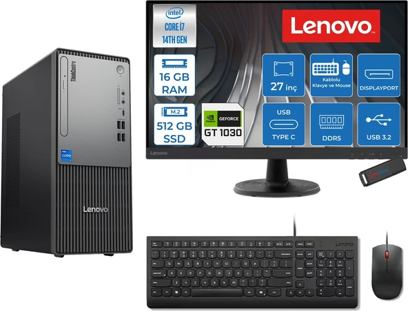 Lenovo Thinkcentre Neo 50T Gen 5  Intel® Core™ İ7-14700 16GB Ddr5 512GB SSD 4GB/GT1030  Freedos +27" Monitör Mini Tower Masaüstü Bilgisayar 2712UD001UTR21F02+ZETTAUSBBELLEK ürün görseli 1