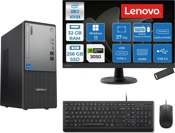 Lenovo Thinkcentre Neo 50T Gen 5  Intel® Core™ İ7-14700 32GB Ddr5 256GB SSD 6GB/RTX3050 WIN11PRO +27" Monitör Mini Tower Masaüstü Bilgisayar 2712UD001UTR23P11+ZETTAUSBBELLEK ürün görseli 1