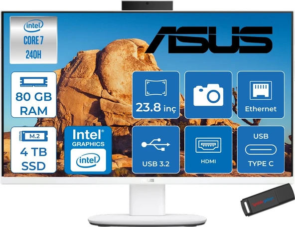 Asus V440VAK Intel® Core™ 7 240H 5.2ghz 80GB Ddr5 4tb SSD 23.8" Fhd 100HZ 250NITS Srgb: %100 Freedos Beyaz Allınone Bilgisayar 24C716512W0DF30+ZETTAUSBBELLEK ürün görseli 1