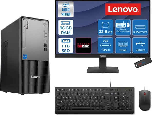 Lenovo Thinkcentre Neo 50T Gen 5  Intel® Core™ İ7-14700 96GB Ddr5 1tb SSD 4GB/RX550 Freedos +23.8 Monitör Mini Tower Masaüstü Bilgisayar 2312UD001UTR27F33+ZETTAUSBBELLEK ürün görseli 1