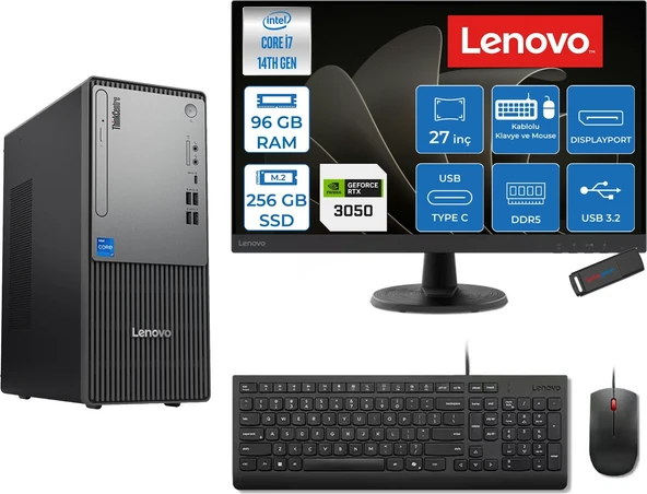 Lenovo Thinkcentre Neo 50T Gen 5  Intel® Core™ İ7-14700 96GB Ddr5 256GB SSD 6GB/RTX3050 Freedos +27" Monitör Mini Tower Masaüstü Bilgisayar 2712UD001UTR23F31+ZETTAUSBBELLEK ürün görseli 1