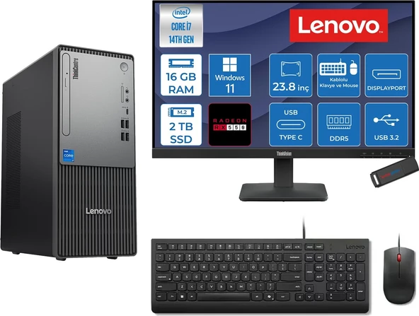 Lenovo Thinkcentre Neo 50T Gen 5  Intel® Core™ İ7-14700 16GB Ddr5 2tb SSD 4GB/RX550 WIN11HOME +23.8 Monitör Mini Tower Masaüstü Bilgisayar 2312UD001UTR27H04+ZETTAUSBBELLEK ürün görseli 1