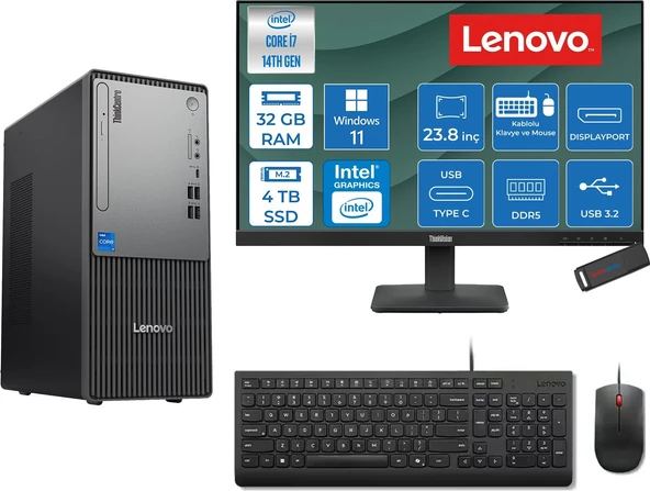Lenovo Thinkcentre Neo 50T Gen 5  Intel® Core™ İ7-14700 32GB Ddr5 4tb SSD Intel® UHD Graphics 770 WIN11PRO +23.8 Monitör Mini Tower Masaüstü Bilgisayar 2312UD001UTRP15+ZETTAUSBBELLEK ürün görseli 1