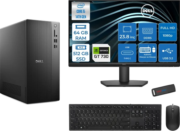 Dell Tower ECT1250 Intel Core I5 14400 64GB Ddr5 512GB SSD 2GB/GT730 23.8" Mon WIN11PRO Kurumsal Masaüstü Bilgisayar 730ECT125014M23P21 + Zettausb ürün görseli 1