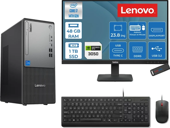 Lenovo Thinkcentre Neo 50T Gen 5  Intel® Core™ İ7-14700 48GB Ddr5 1tb SSD 6GB/RTX3050 Freedos +23.8 Monitör Mini Tower Masaüstü Bilgisayar 2312UD001UTR23F18+ZETTAUSBBELLEK ürün görseli 1