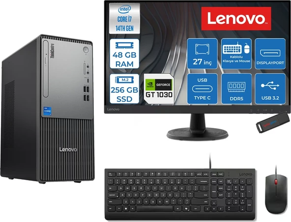 Lenovo Thinkcentre Neo 50T Gen 5  Intel® Core™ İ7-14700 48GB Ddr5 256GB SSD 4GB/GT1030  Freedos +27" Monitör Mini Tower Masaüstü Bilgisayar 2712UD001UTR21F16+ZETTAUSBBELLEK ürün görseli 1