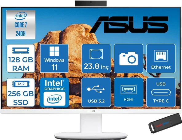 Asus V440VAK Intel® Core™ 7 240H 5.2ghz 128GB Ddr5 256GB SSD 23.8" Fhd 100HZ 250NITS Srgb: %100 WIN11HOME Beyaz Allınone Bilgisayar 24C716512W0DH36+ZETTAUSBBELLEK ürün görseli 1