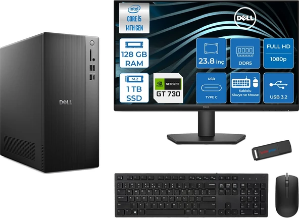 Dell Tower ECT1250 Intel Core I5 14400 128GB Ddr5 1tb SSD 2GB/GT730 23.8" Mon WIN11HOME Kurumsal Masaüstü Bilgisayar 730ECT125014M23H27 + Zettausb ürün görseli 1