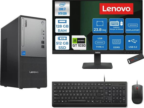 Lenovo Thinkcentre Neo 50T Gen 5  Intel® Core™ İ7-14700 128GB Ddr5 512GB SSD 4GB/GT1030  Freedos +23.8 Monitör Mini Tower Masaüstü Bilgisayar 2312UD001UTR21F37+ZETTAUSBBELLEK ürün görseli 1