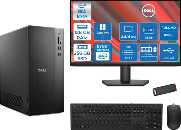 Dell Tower ECT1250 Intel® Core™ İ7-14700 128GB Ddr5 256GB SSD Intel® UHD Graphics 770 WIN11PRO +23.8" Monitör Tower Masaüstü Bilgisayar 24RPLSR007P36+ZETTAUSBBELLEK ürün görseli 1