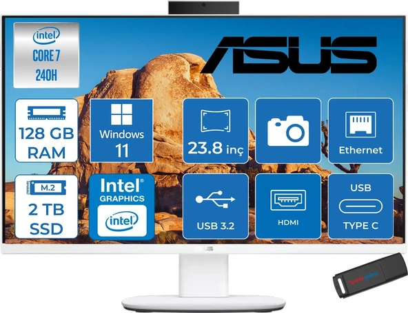 Asus V440VAK Intel® Core™ 7 240H 5.2ghz 128GB Ddr5 2tb SSD 23.8" Fhd 100HZ 250NITS Srgb: %100 WIN11HOME Beyaz Allınone Bilgisayar 24C716512W0DH39+ZETTAUSBBELLEK ürün görseli 1