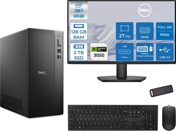 Dell Tower ECT1250 Intel® Core™ İ7-14700 128GB Ddr5 2tb SSD 6GB/RTX3050 Freedos +27" Monitör Tower Masaüstü Bilgisayar 27RPLSR00723F39+ZETTAUSBBELLEK ürün görseli 1