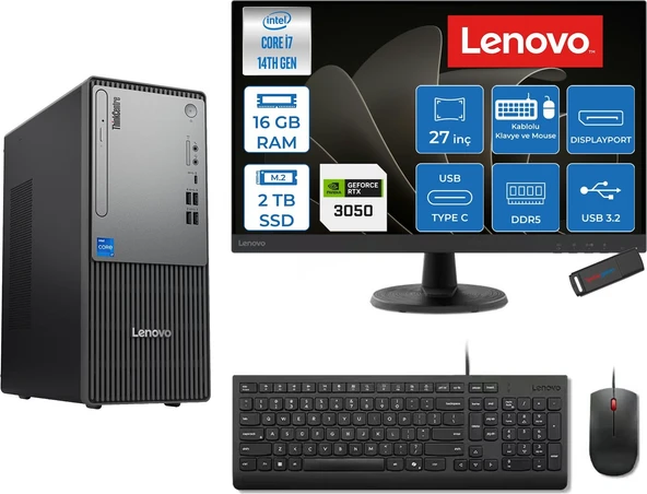 Lenovo Thinkcentre Neo 50T Gen 5  Intel® Core™ İ7-14700 16GB Ddr5 2tb SSD 6GB/RTX3050 Freedos +27" Monitör Mini Tower Masaüstü Bilgisayar 2712UD001UTR23F04+ZETTAUSBBELLEK ürün görseli 1