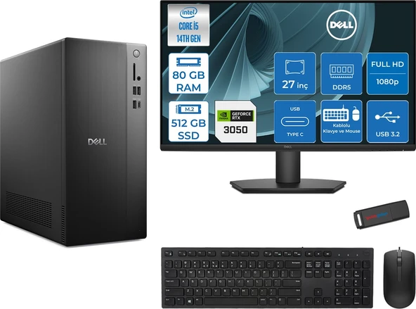 Dell Tower ECT1250 Intel Core I5 14400 80GB Ddr5 512GB SSD 6GB/RTX3050 27" Mon Freedos Kurumsal Masaüstü Bilgisayar 3050ECT125014M27F25 + Zettausb ürün görseli 1