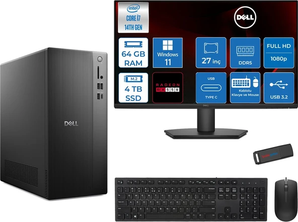 Dell Tower ECT1250 Intel® Core™ İ7-14700 64GB Ddr5 4tb SSD 4GB/RX550 WIN11HOME +27" Monitör Tower Masaüstü Bilgisayar 27RPLSR00727H25+ZETTAUSBBELLEK ürün görseli 1