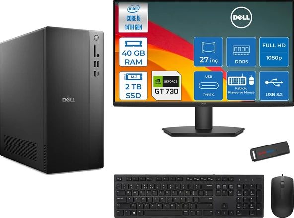 Dell Tower ECT1250 Intel Core I5 14400 40GB Ddr5 2tb SSD 2GB/GT730 27" Mon WIN11HOME Kurumsal Masaüstü Bilgisayar 730ECT125014M27H15 + Zettausb ürün görseli 1