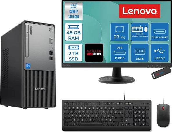 Lenovo Thinkcentre Neo 50T Gen 5  Intel® Core™ İ7-14700 48GB Ddr5 2tb SSD 4GB/RX550 Freedos +27" Monitör Mini Tower Masaüstü Bilgisayar 2712UD001UTR27F19+ZETTAUSBBELLEK ürün görseli 1
