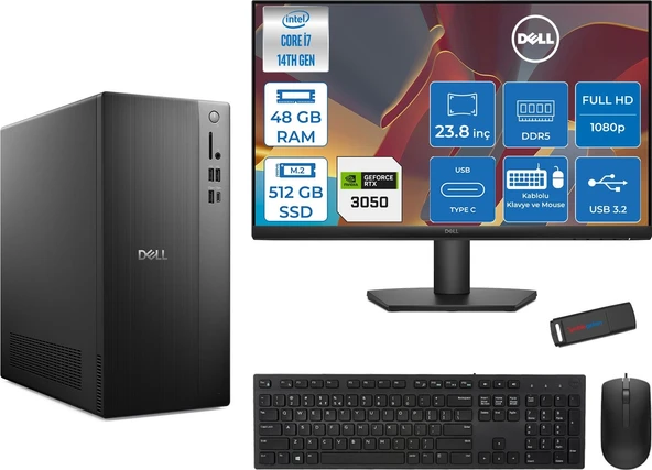 Dell Tower ECT1250 Intel® Core™ İ7-14700 48GB Ddr5 512GB SSD 6GB/RTX3050 Freedos +23.8" Monitör Tower Masaüstü Bilgisayar 24RPLSR00723F17+ZETTAUSBBELLEK ürün görseli 1
