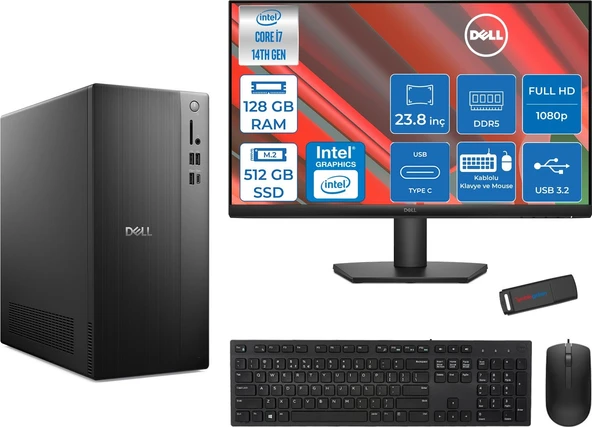 Dell Tower ECT1250 Intel® Core™ İ7-14700 128GB Ddr5 512GB SSD Intel® UHD Graphics 770 Freedos +23.8" Monitör Tower Masaüstü Bilgisayar 24RPLSR007F37+ZETTAUSBBELLEK ürün görseli 1