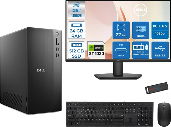 Dell Tower ECT1250 Intel® Core™ İ7-14700 24GB Ddr5 512GB SSD 4GB/GT1030  Freedos +27" Monitör Tower Masaüstü Bilgisayar 27RPLSR00721F07+ZETTAUSBBELLEK ürün görseli 1