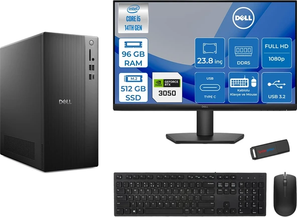Dell Tower ECT1250 Intel Core I5 14400 96GB Ddr5 512GB SSD 6GB/RTX3050 23.8" Mon WIN11PRO Kurumsal Masaüstü Bilgisayar 3050ECT125014M23P25 + Zettausb ürün görseli 1
