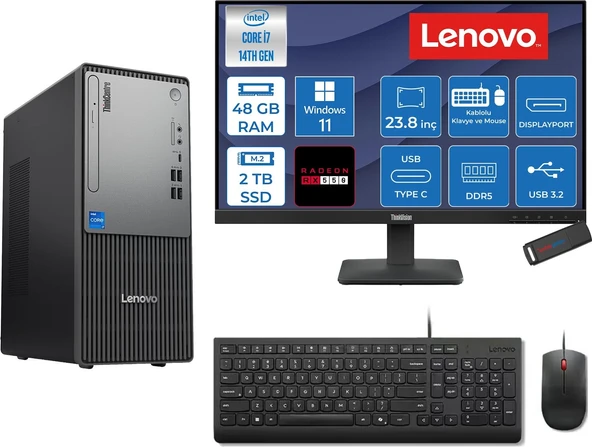 Lenovo Thinkcentre Neo 50T Gen 5  Intel® Core™ İ7-14700 48GB Ddr5 2tb SSD 4GB/RX550 WIN11PRO +23.8 Monitör Mini Tower Masaüstü Bilgisayar 2312UD001UTR27P19+ZETTAUSBBELLEK ürün görseli 1