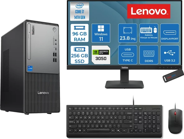 Lenovo Thinkcentre Neo 50T Gen 5  Intel® Core™ İ7-14700 96GB Ddr5 256GB SSD 6GB/RTX3050 WIN11HOME +23.8 Monitör Mini Tower Masaüstü Bilgisayar 2312UD001UTR23H31+ZETTAUSBBELLEK ürün görseli 1