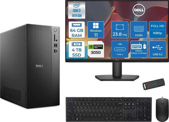 Dell Tower ECT1250 Intel® Core™ İ7-14700 64GB Ddr5 4tb SSD 6GB/RTX3050 WIN11PRO +23.8" Monitör Tower Masaüstü Bilgisayar 24RPLSR00723P25+ZETTAUSBBELLEK ürün görseli 1