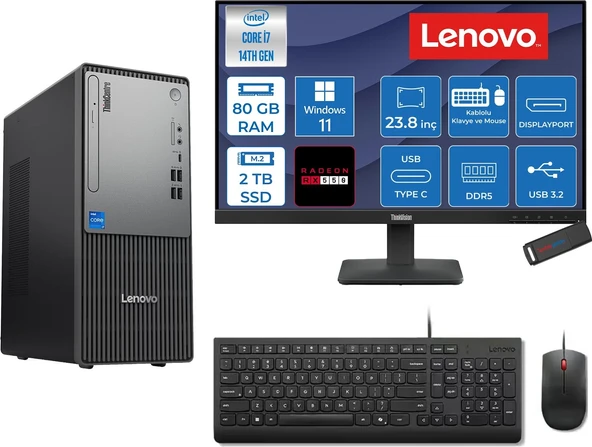 Lenovo Thinkcentre Neo 50T Gen 5  Intel® Core™ İ7-14700 80GB Ddr5 2tb SSD 4GB/RX550 WIN11HOME +23.8 Monitör Mini Tower Masaüstü Bilgisayar 2312UD001UTR27H29+ZETTAUSBBELLEK ürün görseli 1