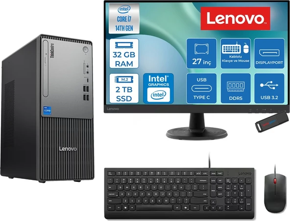 Lenovo Thinkcentre Neo 50T Gen 5  Intel® Core™ İ7-14700 32GB Ddr5 2tb SSD Intel® UHD Graphics 770 Freedos +27" Monitör Mini Tower Masaüstü Bilgisayar 2712UD001UTRF14+ZETTAUSBBELLEK ürün görseli 1