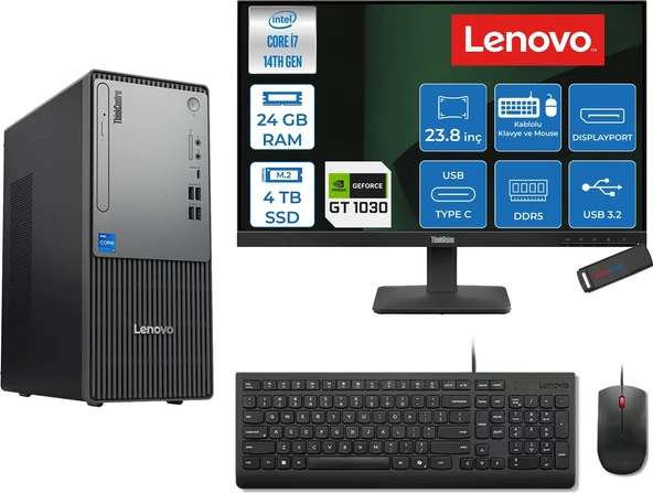 Lenovo Thinkcentre Neo 50T Gen 5  Intel® Core™ İ7-14700 24GB Ddr5 4tb SSD 4GB/GT1030  Freedos +23.8 Monitör Mini Tower Masaüstü Bilgisayar 2312UD001UTR21F10+ZETTAUSBBELLEK ürün görseli 1
