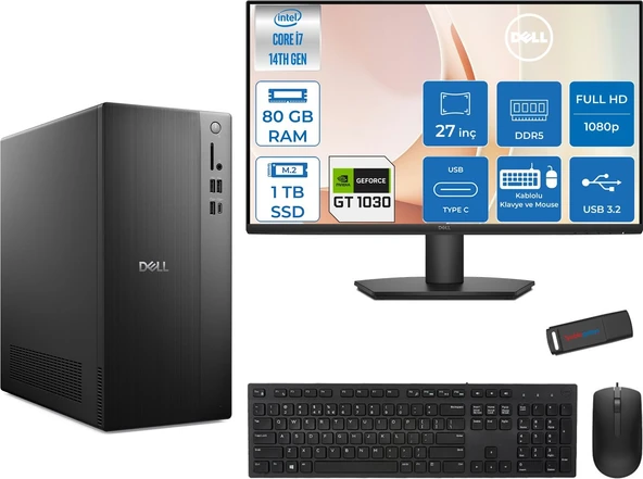 Dell Tower ECT1250 Intel® Core™ İ7-14700 80GB Ddr5 1tb SSD 4GB/GT1030  Freedos +27" Monitör Tower Masaüstü Bilgisayar 27RPLSR00721F28+ZETTAUSBBELLEK ürün görseli 1