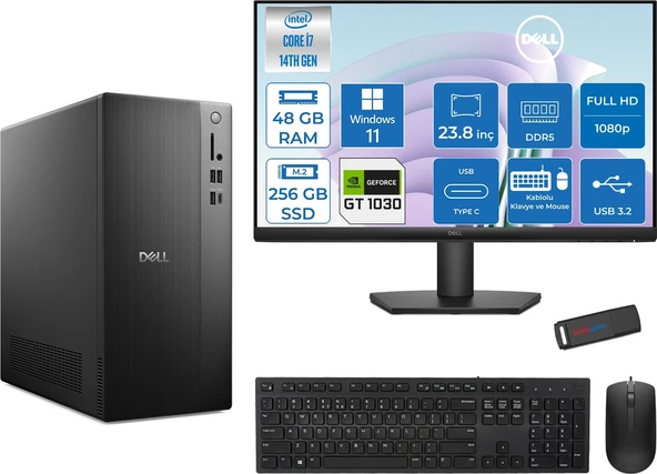 Dell Tower ECT1250 Intel® Core™ İ7-14700 48GB Ddr5 256GB SSD 4GB/GT1030  WIN11HOME +23.8" Monitör Tower Masaüstü Bilgisayar 24RPLSR00721H16+ZETTAUSBBELLEK ürün görseli 1