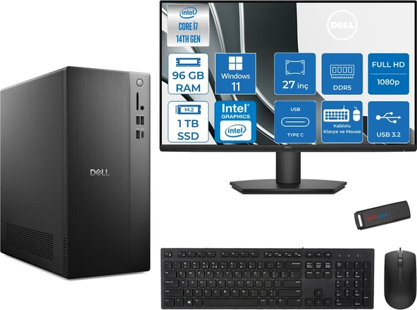 Dell Tower ECT1250 Intel® Core™ İ7-14700 96GB Ddr5 1tb SSD Intel® UHD Graphics 770 WIN11HOME +27" Monitör Tower Masaüstü Bilgisayar 27RPLSR007H33+ZETTAUSBBELLEK ürün görseli 1