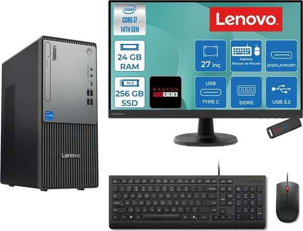 Lenovo Thinkcentre Neo 50T Gen 5  Intel® Core™ İ7-14700 24GB Ddr5 256GB SSD 4GB/RX550 Freedos +27" Monitör Mini Tower Masaüstü Bilgisayar 2712UD001UTR27F06+ZETTAUSBBELLEK ürün görseli 1