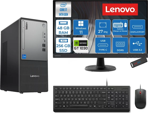 Lenovo Thinkcentre Neo 50T Gen 5  Intel® Core™ İ7-14700 48GB Ddr5 256GB SSD 4GB/GT1030  WIN11HOME +27" Monitör Mini Tower Masaüstü Bilgisayar 2712UD001UTR21H16+ZETTAUSBBELLEK ürün görseli 1