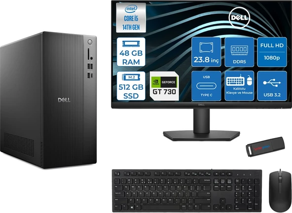 Dell Tower ECT1250 Intel Core I5 14400 48GB Ddr5 512GB SSD 2GB/GT730 23.8" Mon WIN11PRO Kurumsal Masaüstü Bilgisayar 730ECT125014M23P17 + Zettausb ürün görseli 1