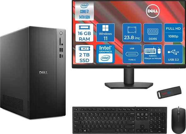 Dell Tower ECT1250 Intel® Core™ İ7-14700 16GB Ddr5 2tb SSD Intel® UHD Graphics 770 WIN11HOME +23.8" Monitör Tower Masaüstü Bilgisayar 24RPLSR007H04+ZETTAUSBBELLEK ürün görseli 1