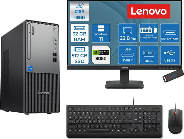 Lenovo Thinkcentre Neo 50T Gen 5  Intel® Core™ İ7-14700 32GB Ddr5 512GB SSD 6GB/RTX3050 WIN11PRO +23.8 Monitör Mini Tower Masaüstü Bilgisayar 2312UD001UTR23P12+ZETTAUSBBELLEK ürün görseli 1