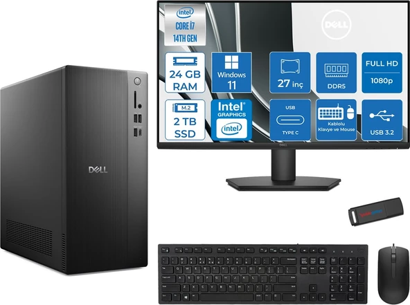 Dell Tower ECT1250 Intel® Core™ İ7-14700 24GB Ddr5 2tb SSD Intel® UHD Graphics 770 WIN11PRO +27" Monitör Tower Masaüstü Bilgisayar 27RPLSR007P09+ZETTAUSBBELLEK ürün görseli 1