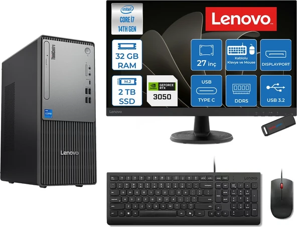Lenovo Thinkcentre Neo 50T Gen 5  Intel® Core™ İ7-14700 32GB Ddr5 2tb SSD 6GB/RTX3050 Freedos +27" Monitör Mini Tower Masaüstü Bilgisayar 2712UD001UTR23F14+ZETTAUSBBELLEK ürün görseli 1