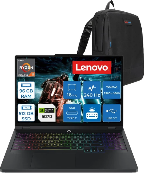 Lenovo Legion Pro 5 Amd Ryzen 9 8940HX 96GB 512GB SSD 8GB/RTX5070/115W 16" Wqxga (2560X1600) IPS 500NITS 240Hz Windows 11 Home Gaming Bilgisayar L83LT003STRH29 + Zettaçanta ürün görseli 1