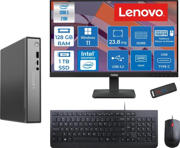 Lenovo Thinkcentre Neo 50Q Gen 5 Intel Core 5-210H 4.8ghz Up 128GB Ddr5 1tb SSD Intel® Graphics+Lenovo 23.8" FHD Mon. WIN11PRO Mini Masaüstü Bilgisayar 13B9001MTR23P38+ZETTAUSBBELLEK ürün görseli 1