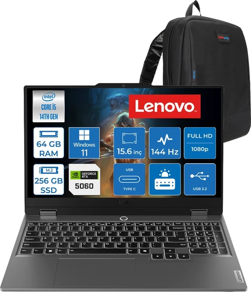 Lenovo Loq 15IRX10 Intel Core I5-14500HX 64GB Ddr5 256GB SSD RTX5060/8GB 100W 15,6 Inç Full Hd (1920X1080) IPS 300 Nit %100 Srgb, 144 Hz WIN11PRO Gaming Bilgisayar 83JE012LTRP21+ZETTAÇANTA ürün görseli 1