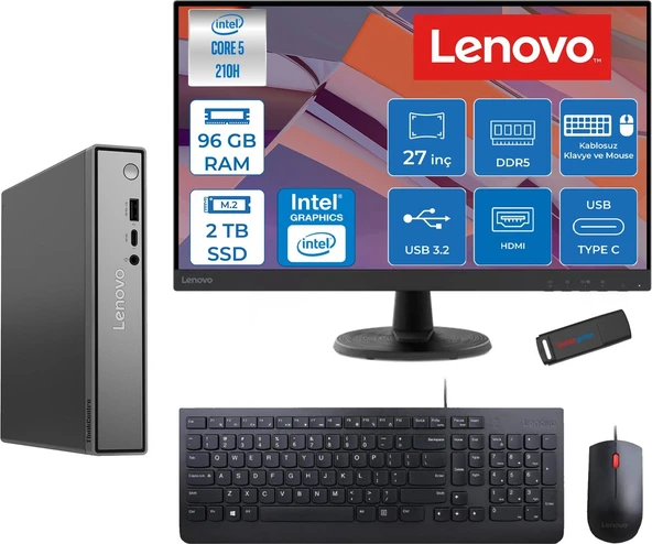 Lenovo Thinkcentre Neo 50Q Gen 5 Intel Core 5-210H 4.8ghz Up 96GB Ddr5 2tb SSD Intel® Graphics+Lenovo 27" FHD Mon. Freedos Mini Masaüstü Bilgisayar 13B9001MTR27F34+ZETTAUSBBELLEK ürün görseli 1