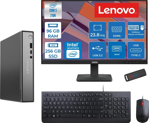 Lenovo Thinkcentre Neo 50Q Gen 5 Intel Core 5-210H 4.8ghz Up 96GB Ddr5 256GB SSD Intel® Graphics+Lenovo 23.8" FHD Mon. Freedos Mini Masaüstü Bilgisayar 13B9001MTR23F31+ZETTAUSBBELLEK ürün görseli 1