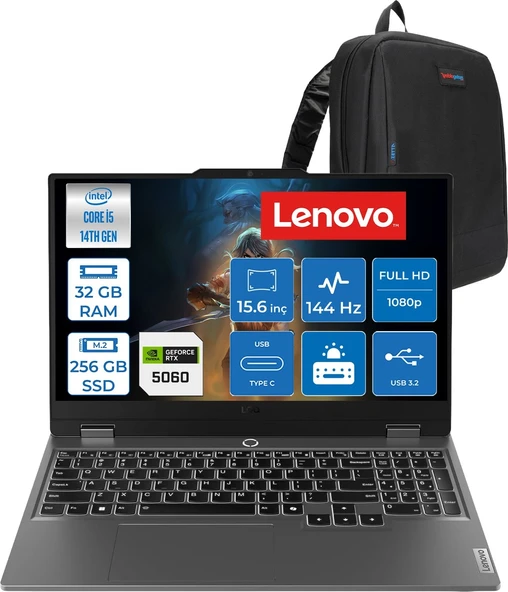 Lenovo Loq 15IRX10 Intel Core I5-14500HX 32GB Ddr5 256GB SSD RTX5060/8GB 100W 15,6 Inç Full Hd (1920X1080) IPS 300 Nit %100 Srgb, 144 Hz Freedos Gaming Bilgisayar 83JE012LTRF11+ZETTAÇANTA ürün görseli 1