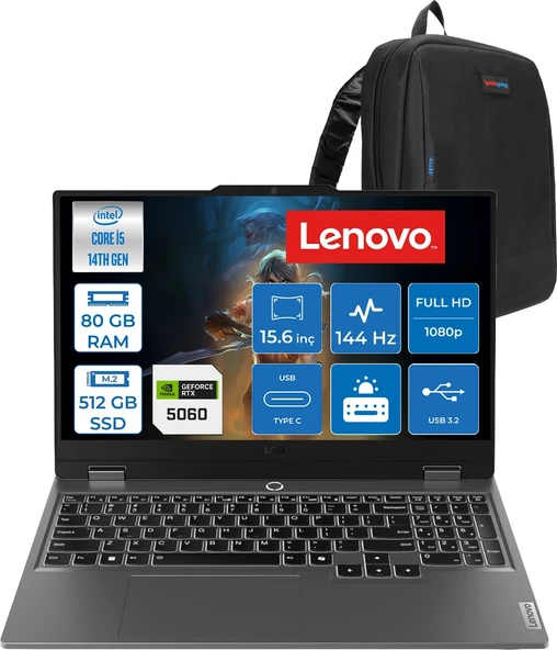 Lenovo Loq 15IRX10 Intel Core I5-14500HX 80GB Ddr5 512GB SSD RTX5060/8GB 100W 15,6 Inç Full Hd (1920X1080) IPS 300 Nit %100 Srgb, 144 Hz Freedos Gaming Bilgisayar 83JE012LTRF27+ZETTAÇANTA ürün görseli 1
