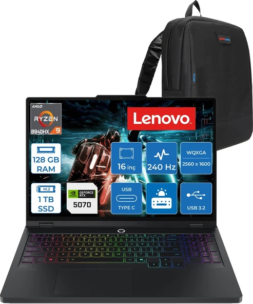 Lenovo Legion Pro 5 Amd Ryzen 9 8940HX 128GB 1tb SSD 8GB/RTX5070/115W 16" Wqxga (2560X1600) IPS 500NITS 240Hz Windows 11 Home Gaming Bilgisayar L83LT003STRH42 + Zettaçanta ürün görseli 1